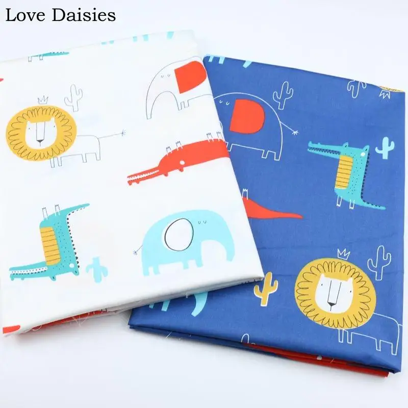

100% Cotton Twill Cartoon WHITE BLUE Crocodile Elephant Animals Cactus Fabric For Kid Bedding Sheet Apparel Craft Pillow Clothes