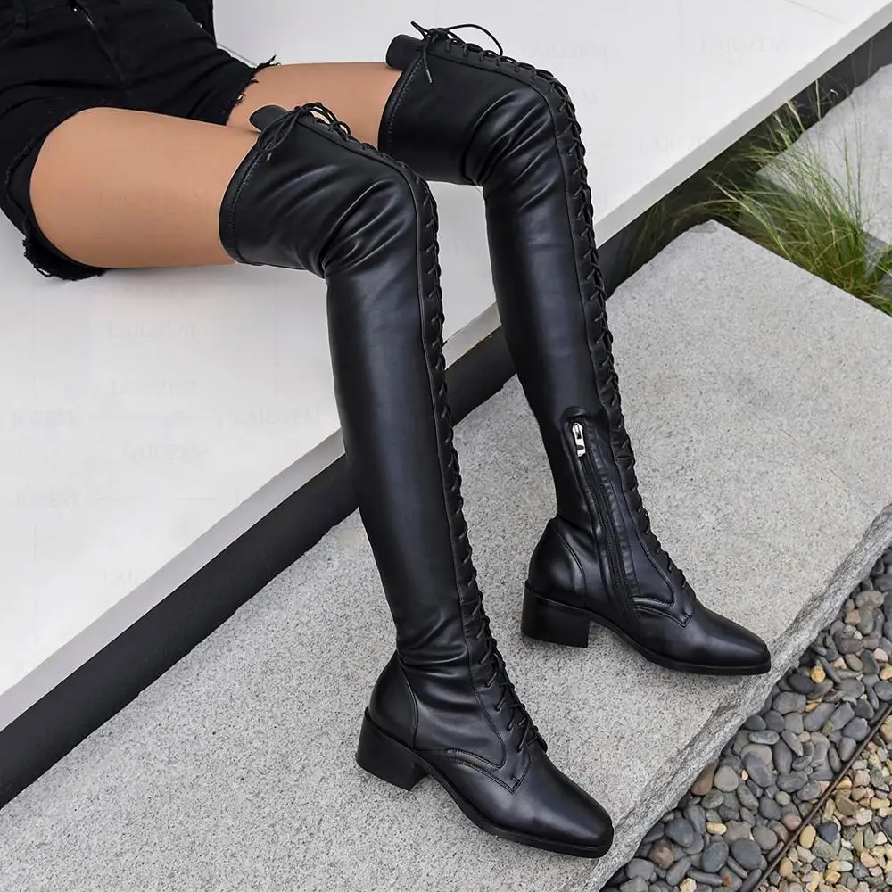 Женские сапоги на низком каблуке из замши шнуровке|Ботфорты| |