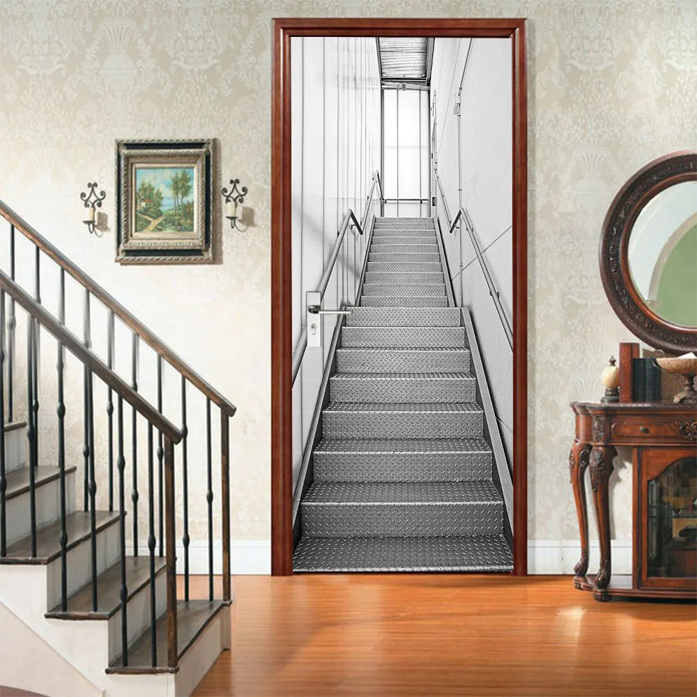 

3D Stereo Stairs Building Door Sticker Living Room Bedroom Door Wallpaper PVC Self Adhesive Wall Decals Imitation Sticker