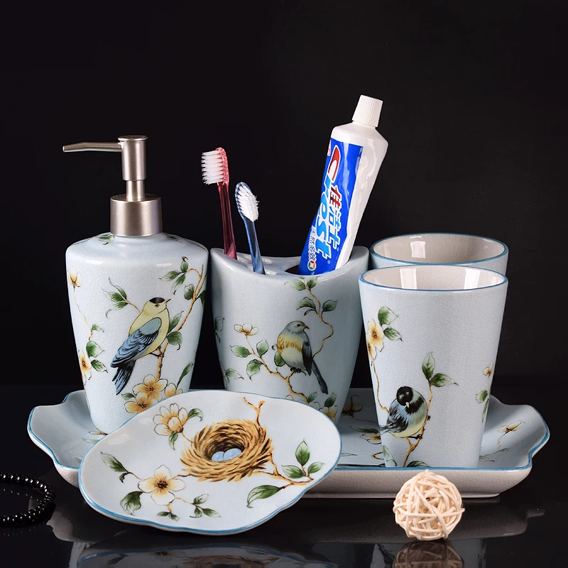 

American Ceramic Soap Dish Bathroom 5 Piece Set Mouthwash Cup Toothbrush Holder Salle De Bain Accessoire Wash Accessories EF50WY