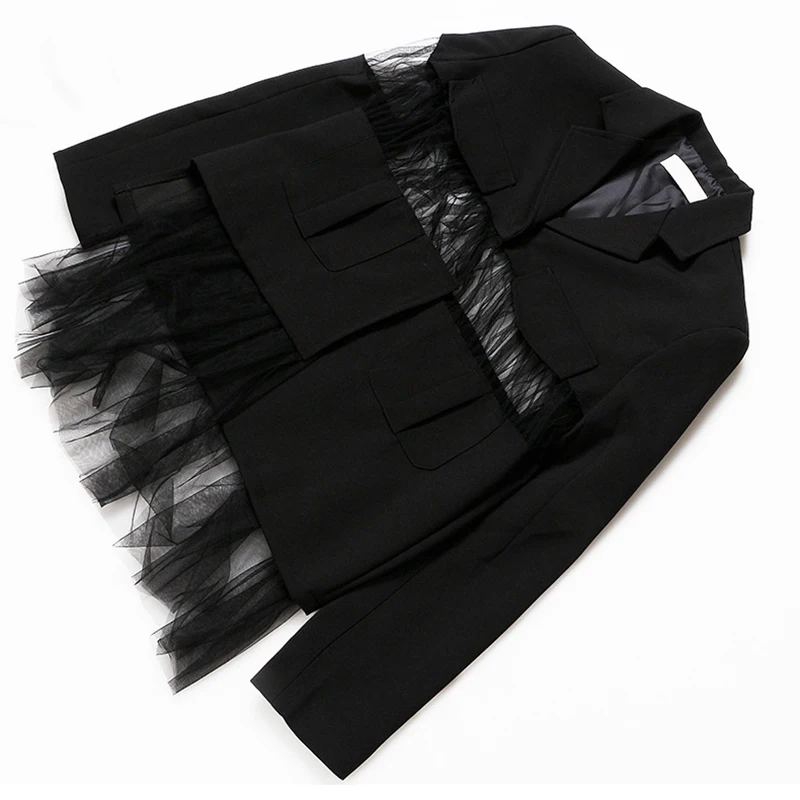 

[EAM] Women Black Irregular Spliced Mesh Blazer New Lapel Long Sleeve Loose Fit Jacket Fashion Tide Spring Autumn 2021 1DD2363
