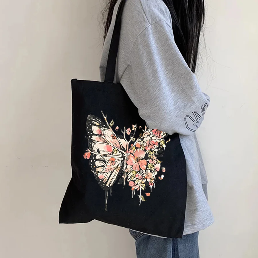 Фото Холщовая Сумка для покупок цвета хаки с бабочками и цветами в Корейском | Хозяйственные сумки (1005003205761632)