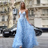 blue evening dress a line tulle 3d applique elegant spaghetti strap v neck floor length sleeveless prom dress vestidos de fiesta