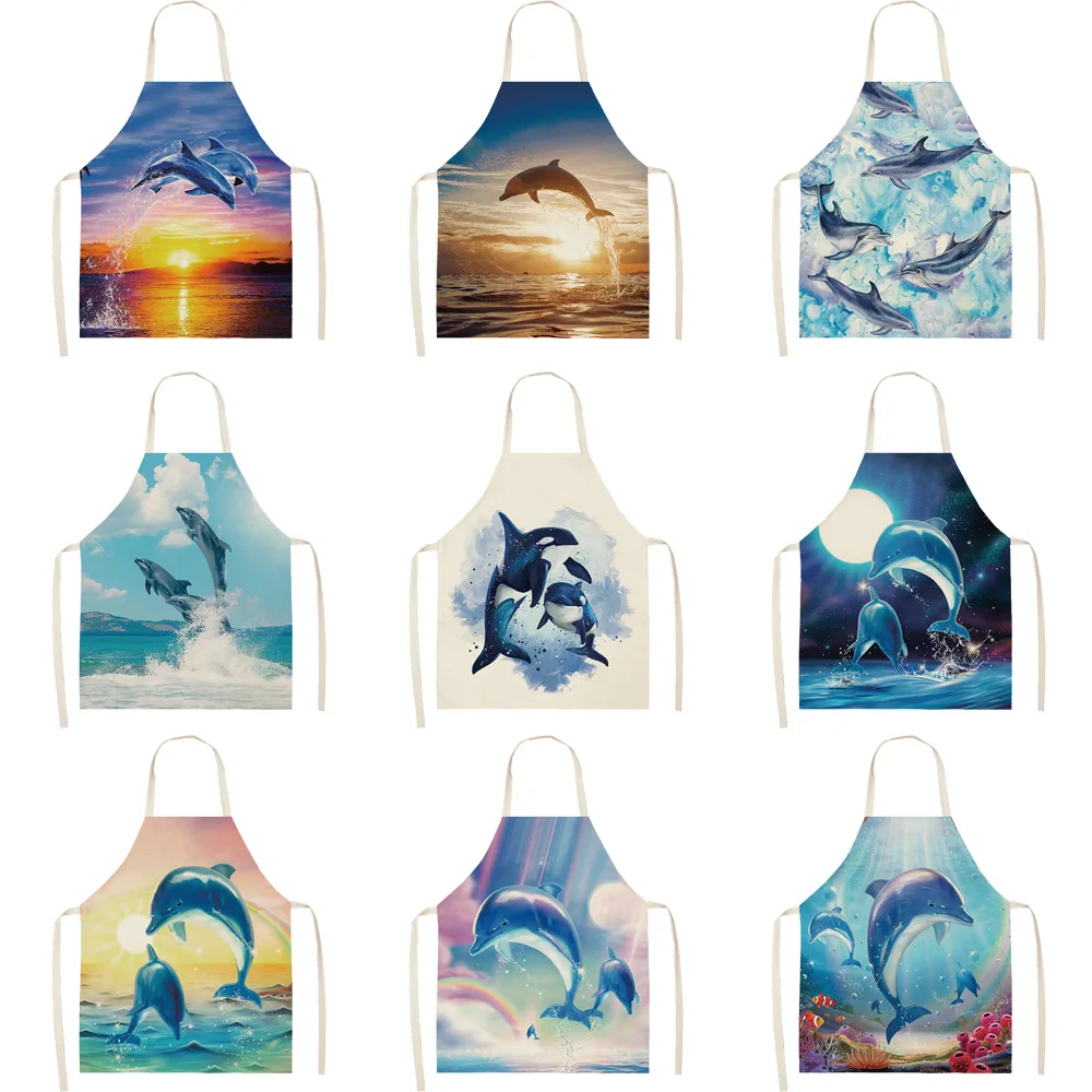 

Dolphin Series Priinting Women Kitchen Aprons Waterproof Cooking oil-proof Cotton Linen Antifouling Chef Apron 68*55cm 0155