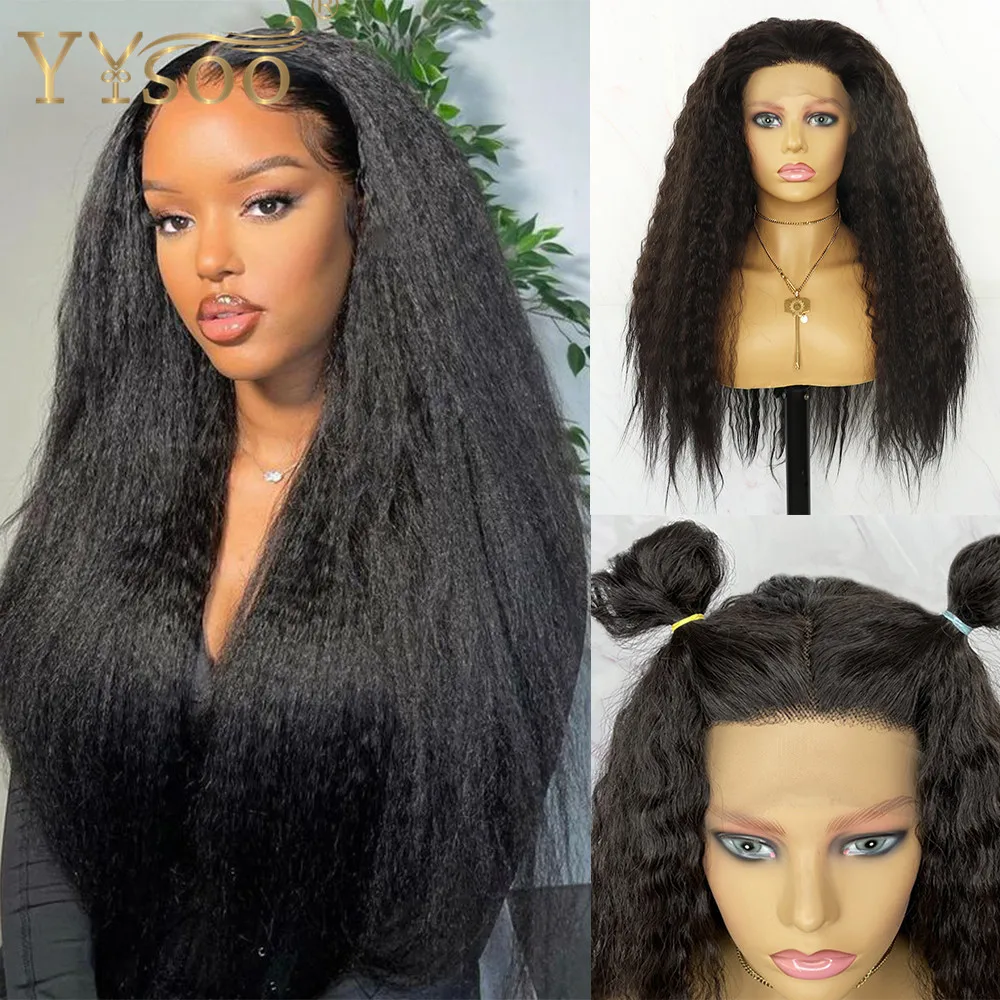 YYsoo Natural Color Futura Hair 13x4 Glueless Kinky Straight Synthetic Hair Lace Front Wigs Long Front Lace Yaki Wigs For Women