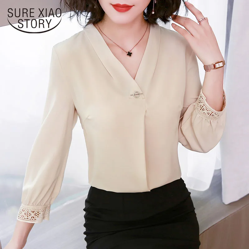 2019 шифоновая блузка вырезом с v образным Женская весенняя одежда в стиле пэчворк