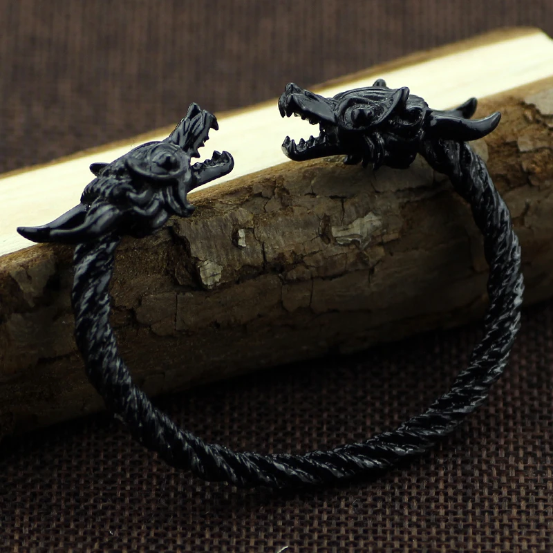black dragon 3 Панк Викинги волк Дракон браслеты для мужчин модные мужские аксессуары Викинги мужские часы наручные манжеты браслеты волк - Окраска металла: black dragon 3