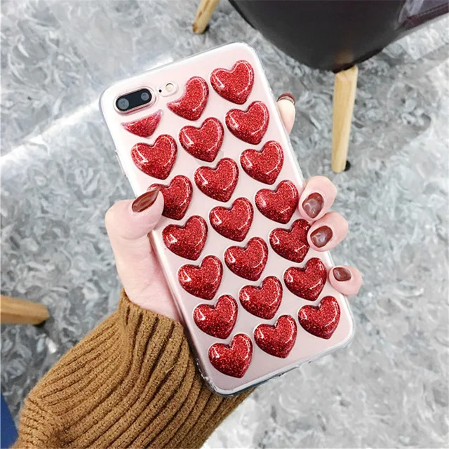 Red Модный сверкающий Блестящий силиконовый чехол с сердечками для iPhone 7 8 XR XS Max 6 6s Plus 5 SE задняя крышка 3D Love блестки мягкий чехол - Цвет: Red