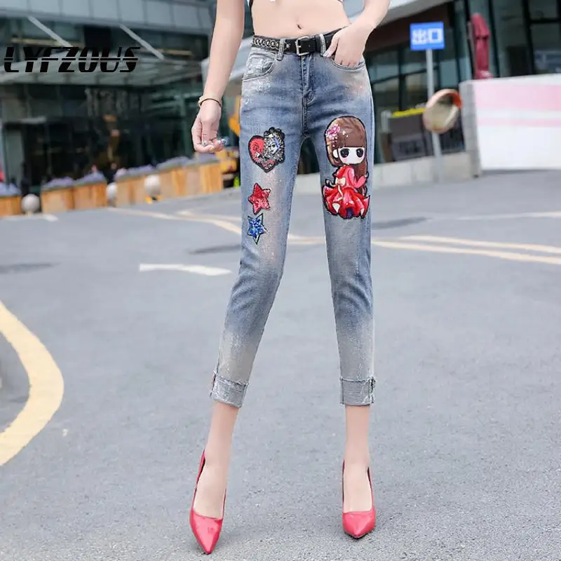 

Fashion Cartoon Sequins Printing Jeans Women Painted Bronzing Skinny Jeans Ladies 2020 Spring Plus Size Denim Pants