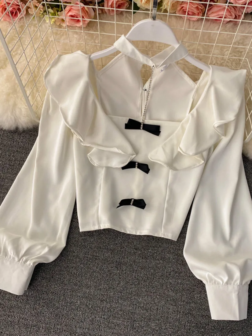 

2021 Fashion New White Black Sexy Halter Neck Top Women Shirt Summer Autumn New Short Blouse Casual OL Puff Sleeve Slim Crop Top