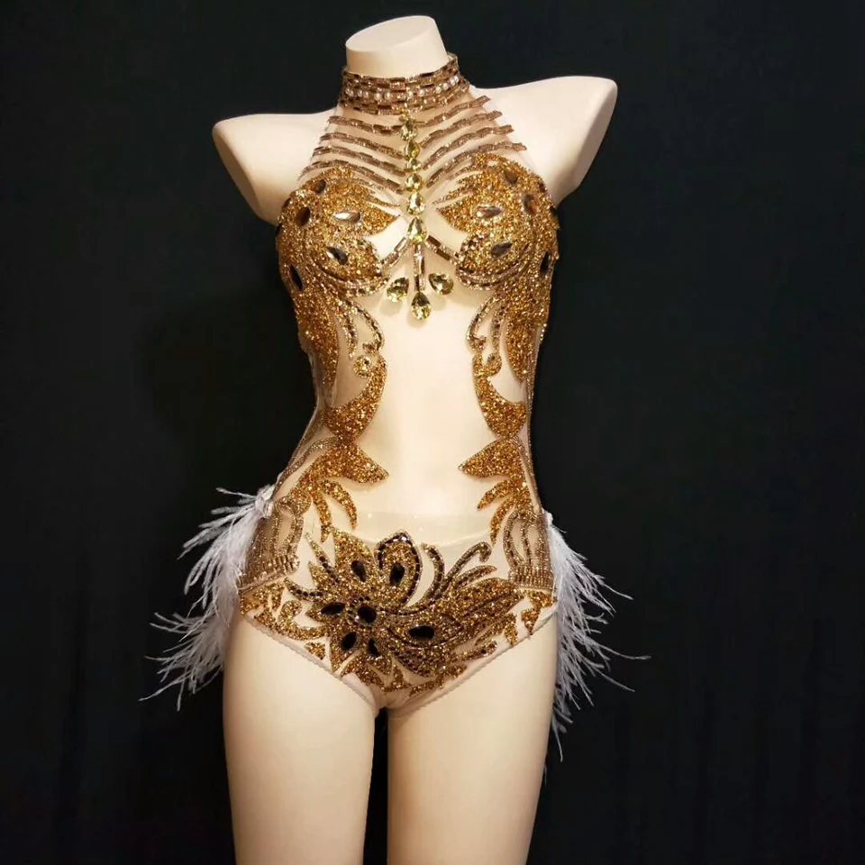 Sparkly Gold Silver Rhinestone Bodysuit Women Sexy See Trough Feather Tail Birthday Party Nightclub Singer Dance Stage costume - Цвет: gold bodysuit