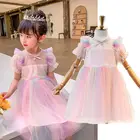 Платье для девочек, летнее кружевное бальное платье с цветочным рисунком, с коротким рукавом, 2021