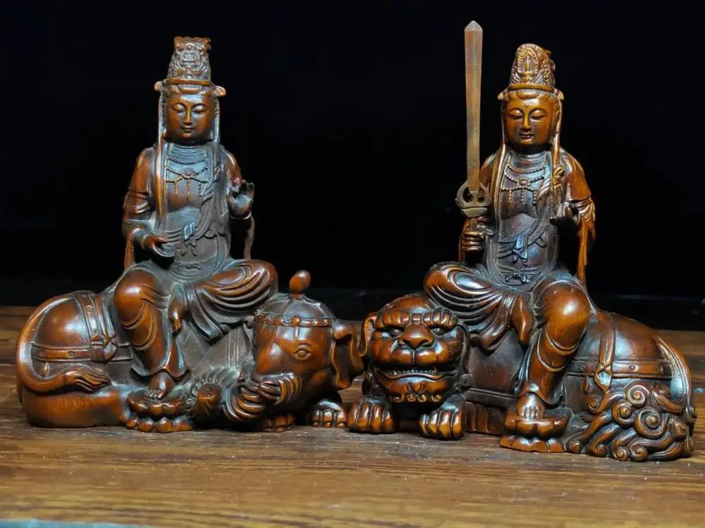 

weddin Chinese Boxwood Seikos Wood Carving Manjushri Bodhisattva Guanyin Bodhisattva Statue A pair of woodcarving Buddha statues