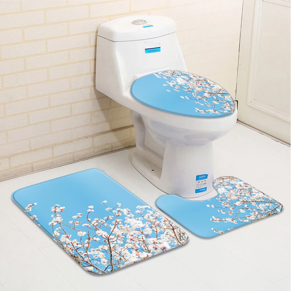 

Spring Flowers Pink White Peach Blossom 3 Pieces Toilet Cover Non Slip Mat Bath Rugs Seat Rug Carpet Accessories ​Bathroom Decor