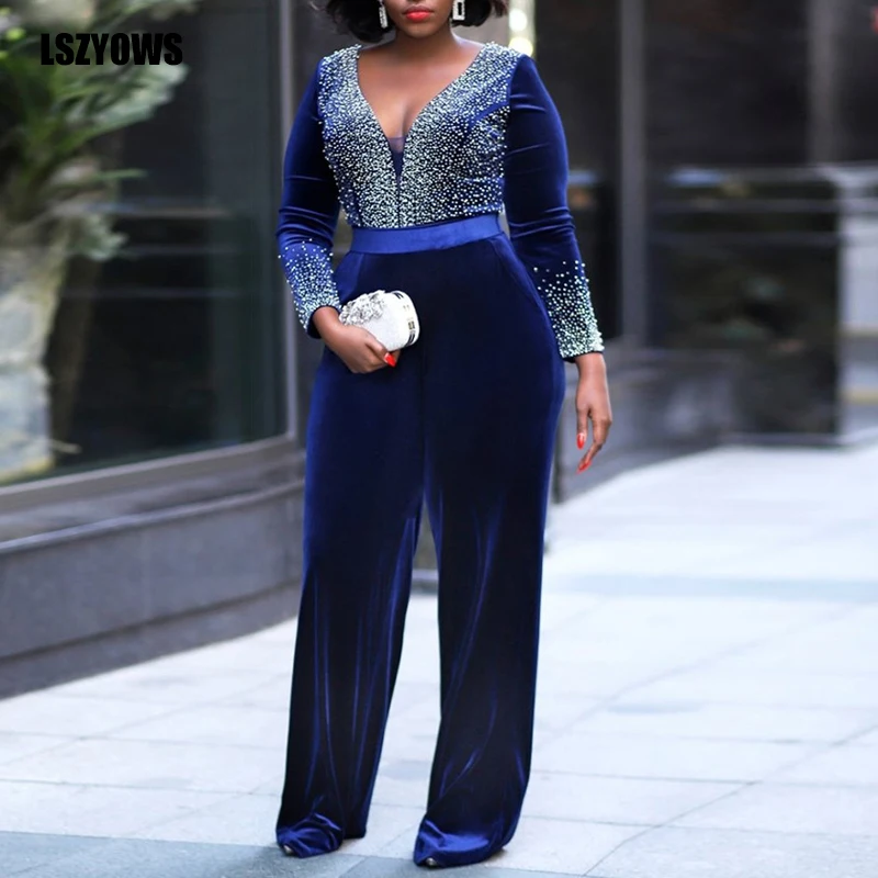 

Velour Rompers Womens Jumpsuit Fashion V-Neck Long Sleeve Diamonds Beading Velvet Jumpsuits Elegant Female Office Work Overalls