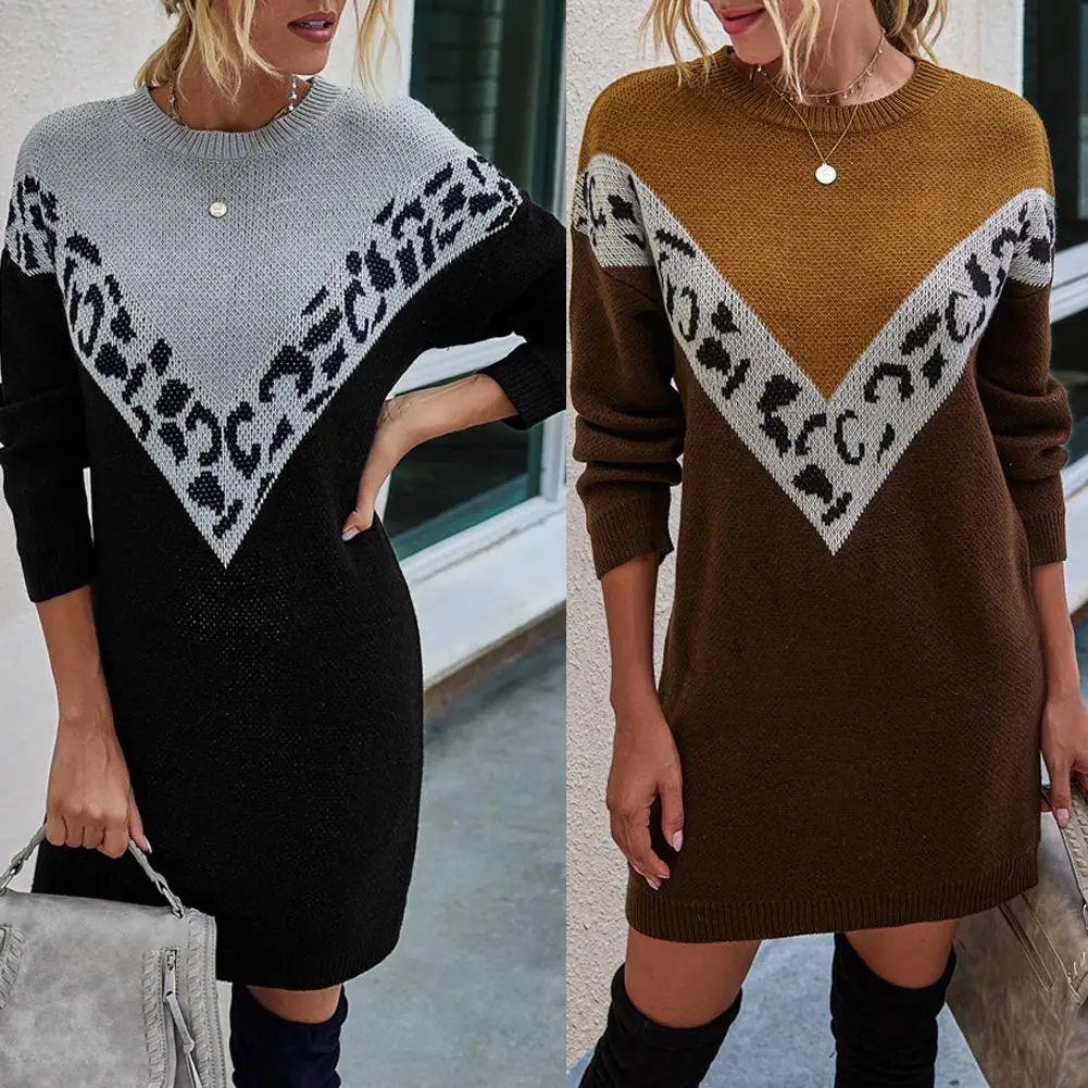 

Женское платье-свитер, с длинным рукавом, круглым вырезом, леопардовым принтом, в стиле пэчворк, повседневная женская одежда, черного цвета, ...