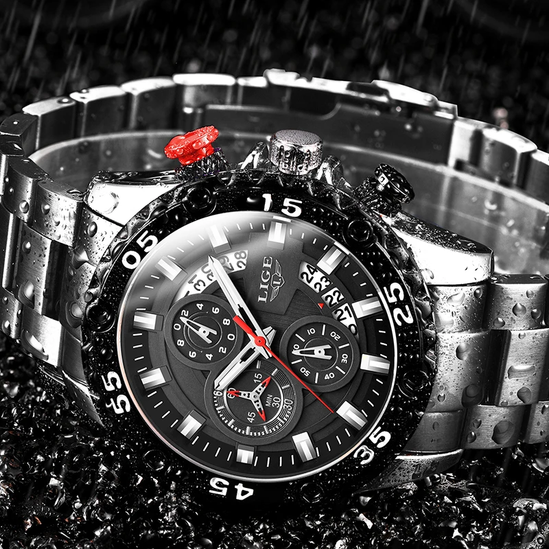 LIGE 2020 New Fashion Men's Watches Waterproof Sport Quartz Style Watch Men All Steel Big Dial Date Chronograph Clock Wristwatch |