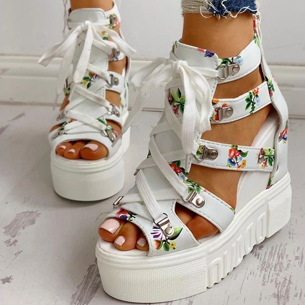 

Hot Print Leisure Wedges Women's Shoes 2021 New Summer Shoes Women Sandals Platform Shoelaces High Heels Casual Shoes Woman