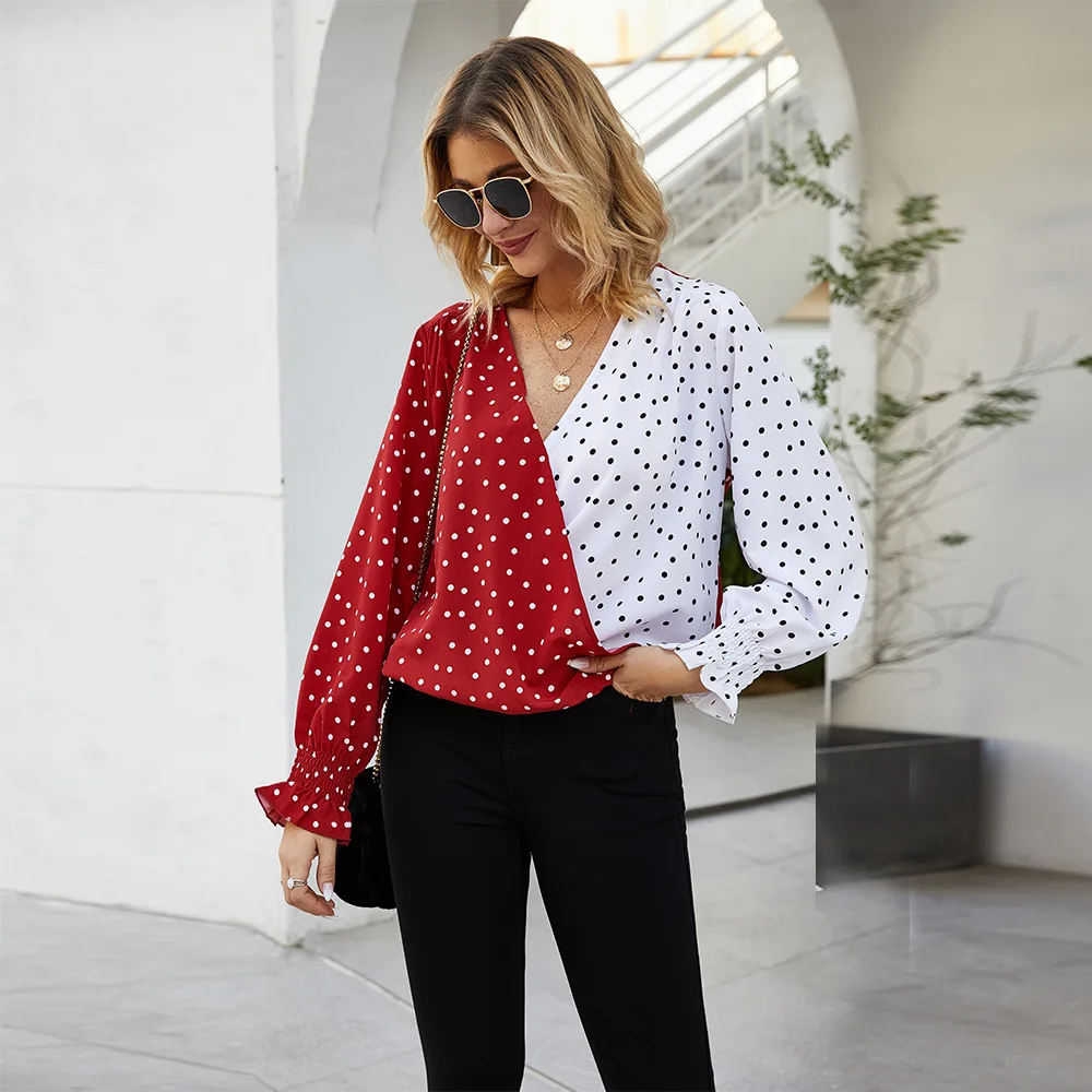 

Fashion Long Sleeved T Shirt For Women 2021 New Style Beam Cuffs V-neck Polka Dot Printing Shirt Casual Loose All-match Top