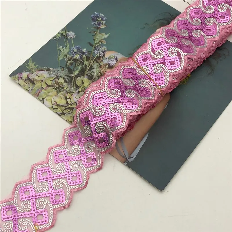 

Cheap Sequin Fabric Venise Decorated Braided Edge Metallic Bridal wedding lace Trim ribbon for garment DIY Craft