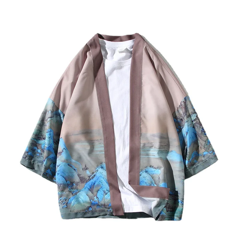 

2021 Chinese Style for Men Chinese Landscape Painting Printed Shirt Hemming Casual Hanfu Shirt