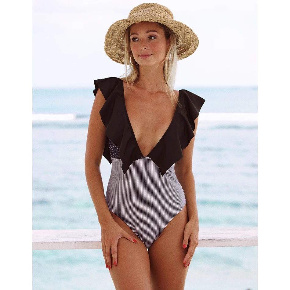 Женский Цельный купальник с рюшами в горошек монокини полоску оборками