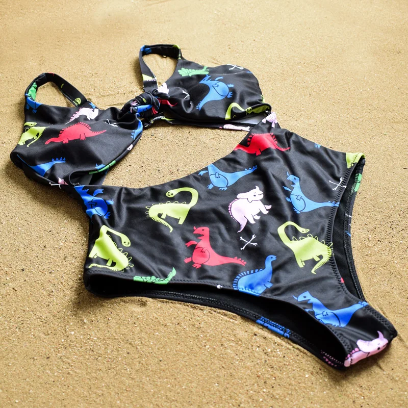 Черный Цельный купальник с динозаврами женский 2019 пляжный вырезами купальный