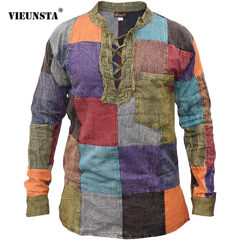 

Spring Autumn Fashion Slim Pullover Tops Men's Vintage Stand Collar Long Sleeve Shirt Men Casual Colour Printed Patchwork Shirts