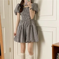 french square collar plaid dress female summer new style skirt with waist and thin temperament a line skirt