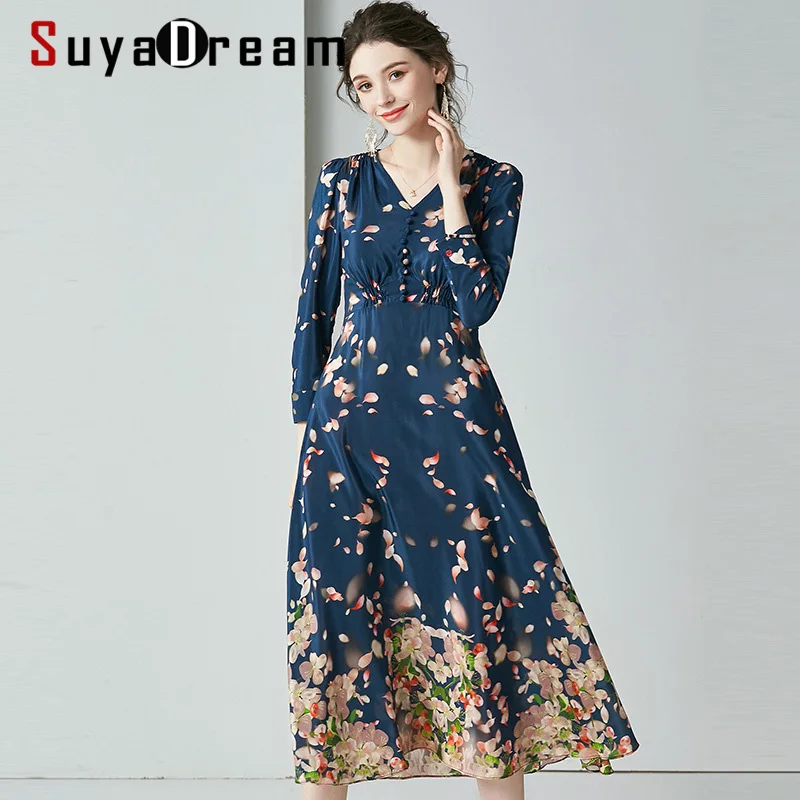SuyaDream женское длинное платье с цветочным принтом 100% шелк пляжный стиль длинные
