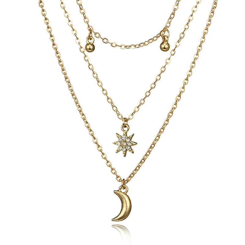 

New Fashion Alloy Metal Geometry Simple Polygonal Star Moon 3 Layer Necklace Pendant Exaggerated Charm Female Jewelry 2021