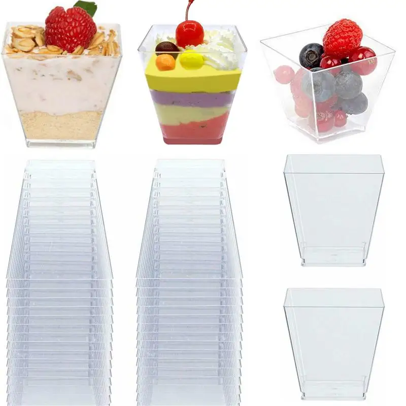 

50pcs 60ml Disposable Plastic Cups Clear Portion Transparent Trapezoidal Food Container for Jelly Yogurt Mousses Dessert Baking