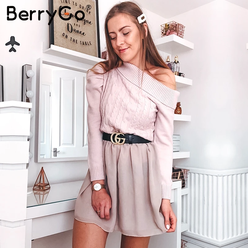 BerryGo Sexy one shoulder knitted sweater women Vintage puff sleeve pullovers female jumper Warm ladies autumn winter minimalist | Женская