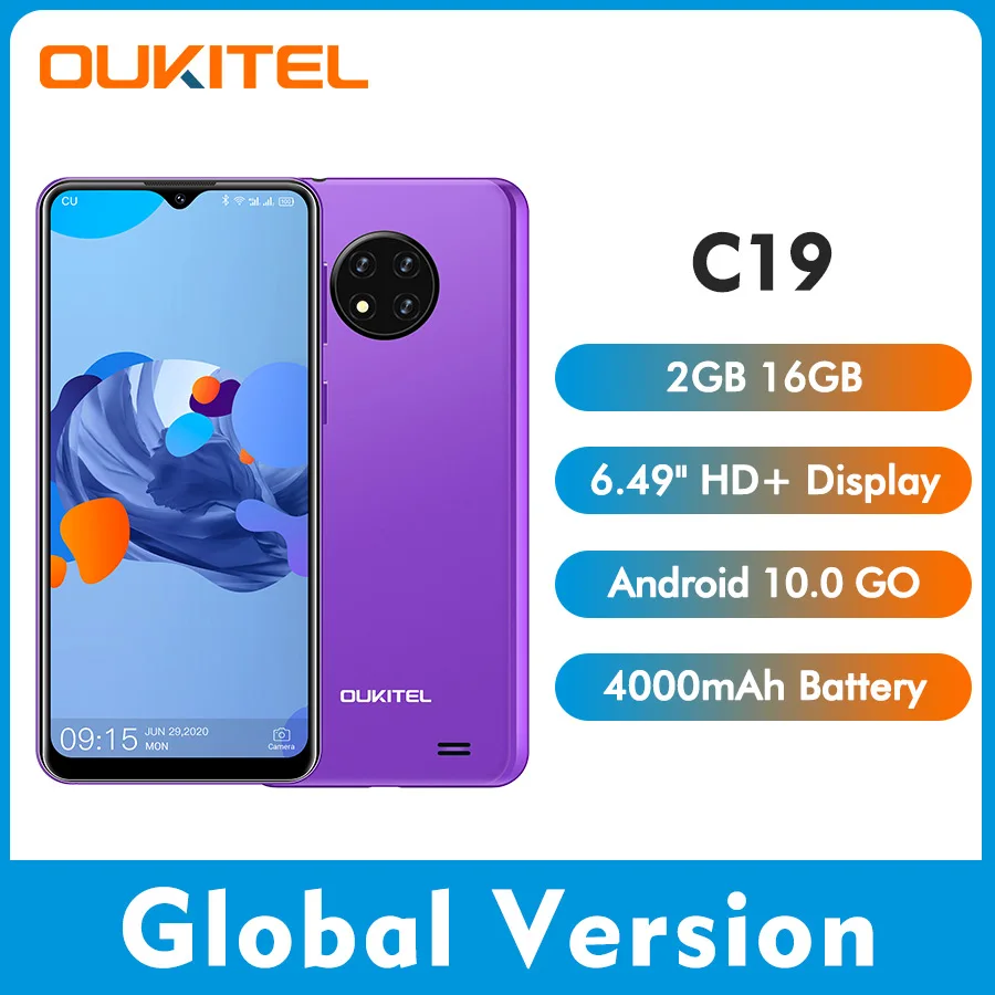 

OUKITEL C19 6.49''HD 2GB 16GB Smartphone Quad Core 13MP Triple Camera Android 10 1560*720 4000mAh 4G Mobile Phone Global Version