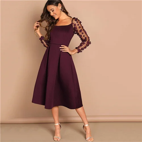 SHEIN Night Out Contrast Mesh Appliques Pleated Square Neck Knee Length Dress Autumn Modern Lady Workwear Women Dresses - Цвет: Бургундия
