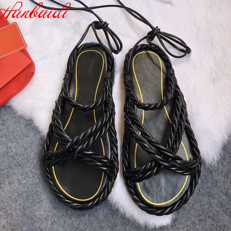 

2021 New Unique Weave Sandals Woman Genuine Leather Women Shoes Ankle Strap Lace-up Women Sandals Thick Bottom Shoes Woman Flats