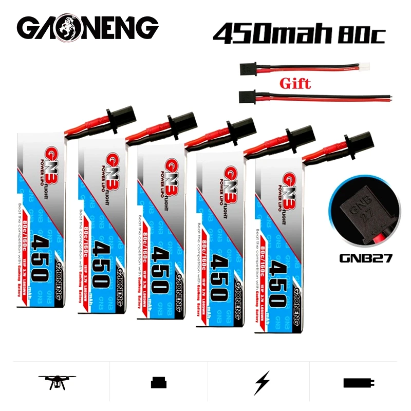 

1-10PCS Gaoneng GNB 450MAH 1S HV Lipo Battery 3.7V 1S 80C/160C GNB27 Plug For RC Helicopter Quadcopter FPV Racing Drone Parts