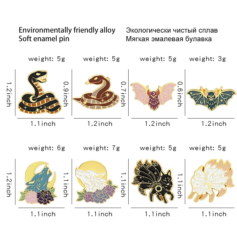 

Starry Animals Enamel Pin Custom Fox Bat Wolf Snake Brooches Bag Lapel Pin Black White Sun Moon Day Night Badge Jewelry Gift