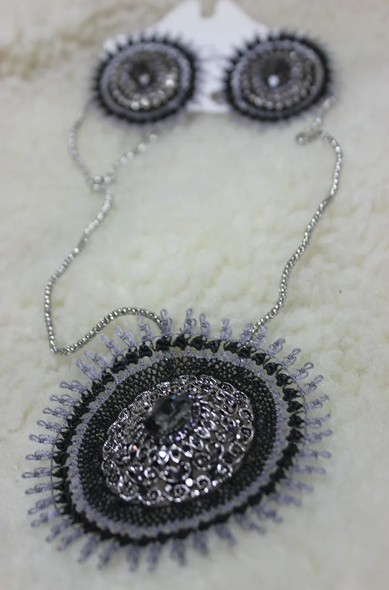 

Gray Necklace Needle Lace Jewelry, Earring, Personalized gift, gift for women, Beaded, подвеска, ожерелье, bijoux femme