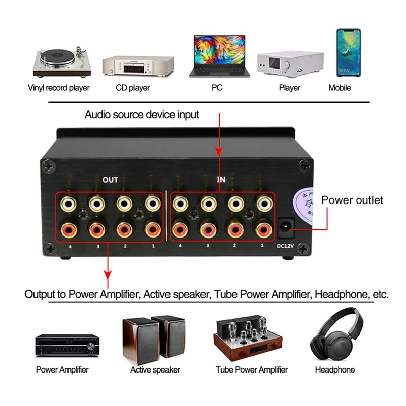 

Heareal Lossless Hifi Audio Switcher 4 in 4 Out Fever Dual Channel Four in Four Out Audio Signal Switcher EU Plug