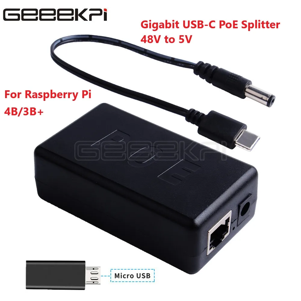 Alimentação sobre Ethernet Switch para Ieee Usb tipo c 48v a 5v Poe + Gigabit Raspberry Ativo Poe Divisor Cabo 802.3at + pi 4b