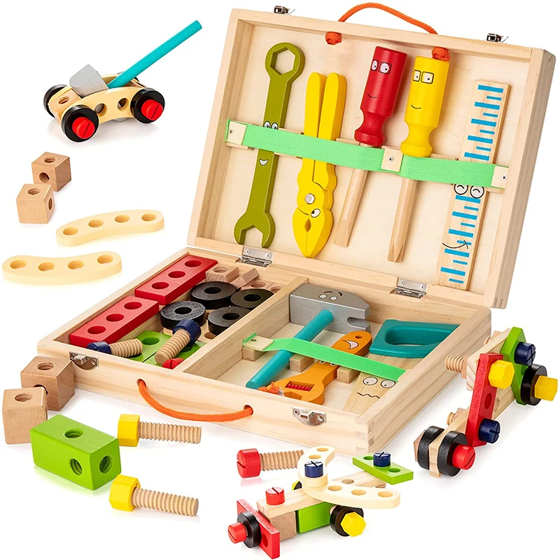 Educational Montessori Kids Toys Wooden Toolbox Pretend Play Set Preschool Children Nut Screw Assembly Simulation Carpenter Tool