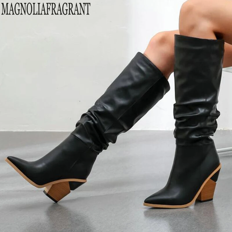 Модные женские зимние сапоги на высоком каблуке с острым носком и длинным