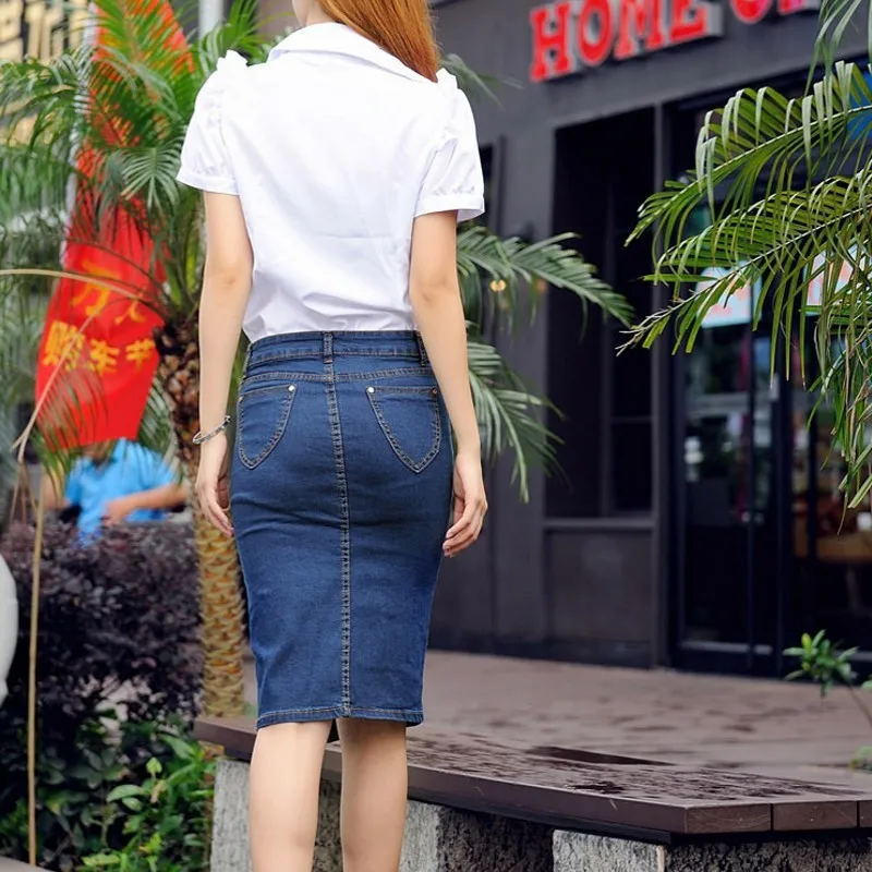 Plus Size 5XL 6XL Hot Sale Elegant Ladies High Waist Bounce Denim Skirts Single Breasted Jeans Saia Slim Fit Knee Length | Женская