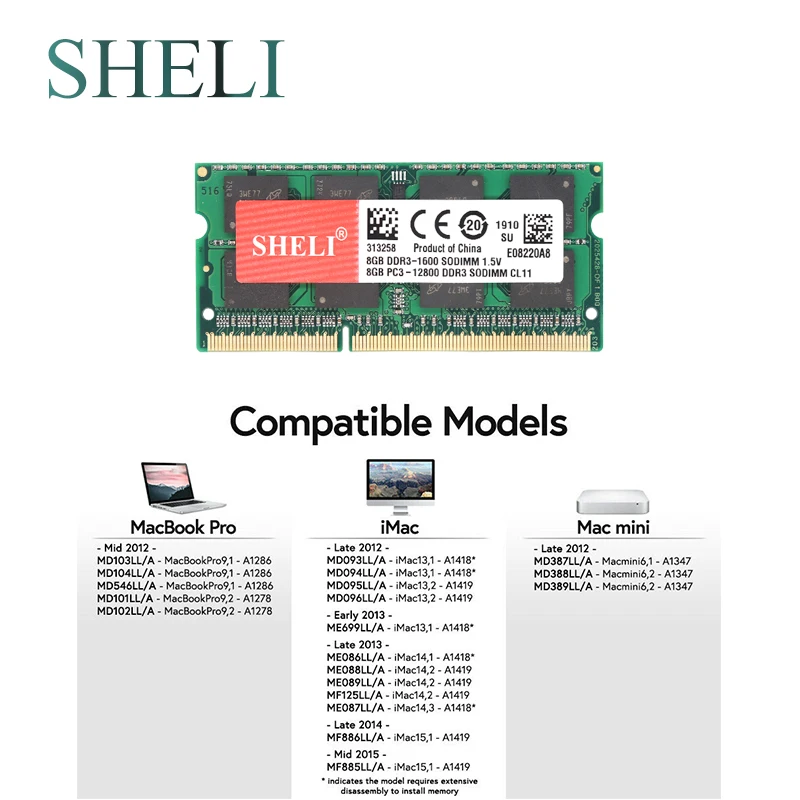 SHELI 8 Гб PC3 12800 DDR3 1600 МГц SODIMM Память ОЗУ для APPLE MacBook Pro iMac Mac Mini|Оперативная память| |