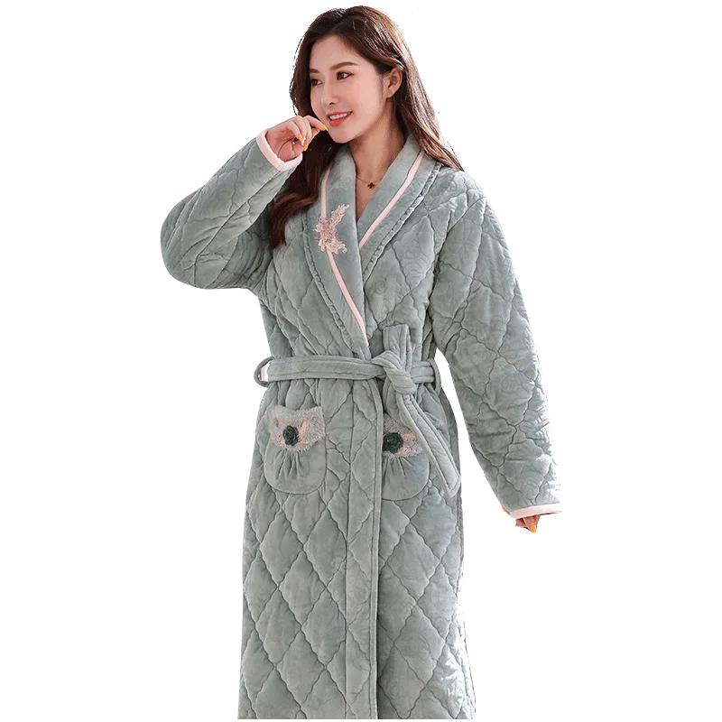 Женский халат из флиса и бархата кимоно зима толстый 3 слоя с подкладкой вышивка
