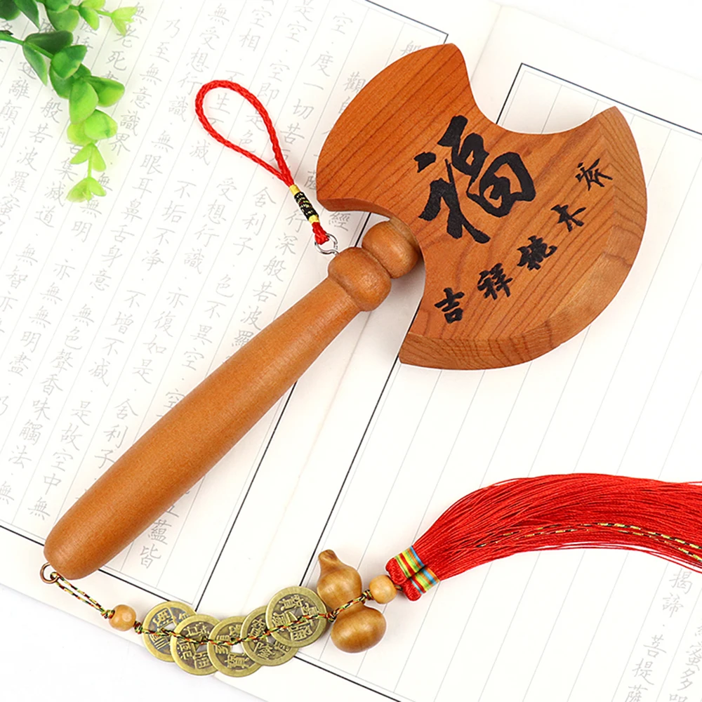 

Feng Shui Peach Wood Blessing Carving Axe Pendant Five emperor money Fortune Gourd An Artwork For Home Decoration