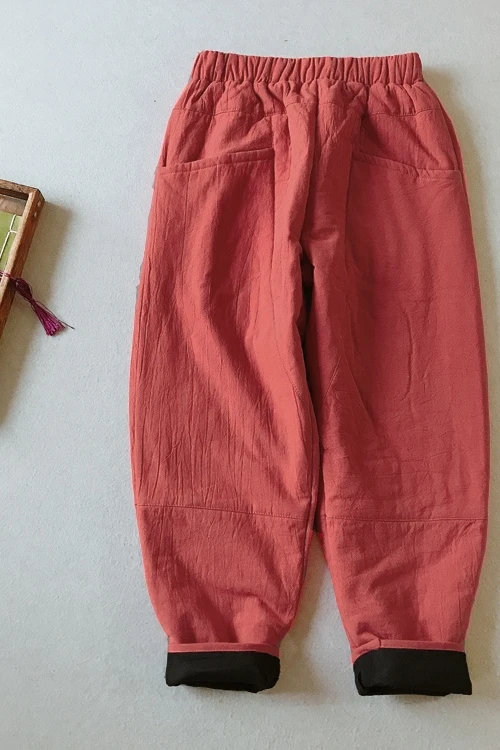 

New Retro Cotton Linen Casual Thick Warm Loose Pockets Women Trousers Winter Women Pants Cotton Padded Solid Color 2020