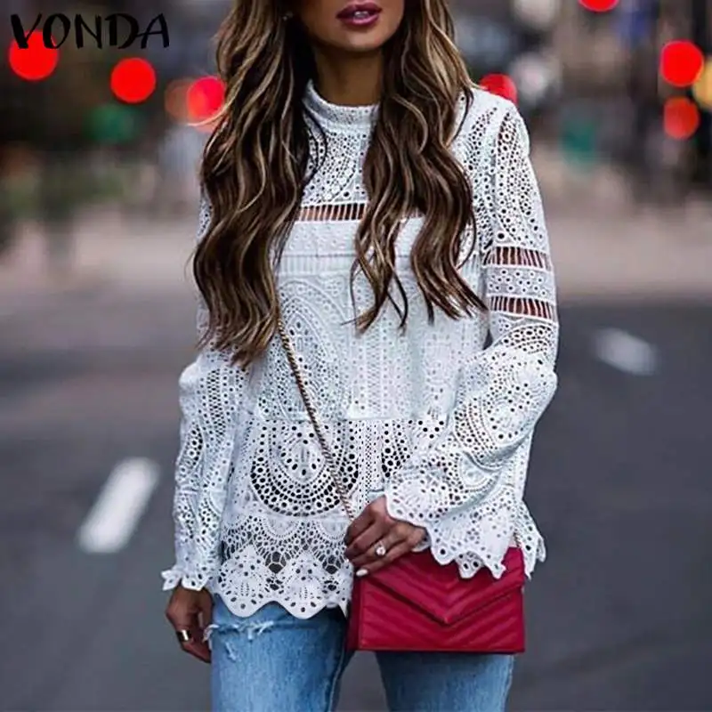 2021 VONDA Сексуальная Кружевная туника Ажурные топы футболка осенняя блузка с