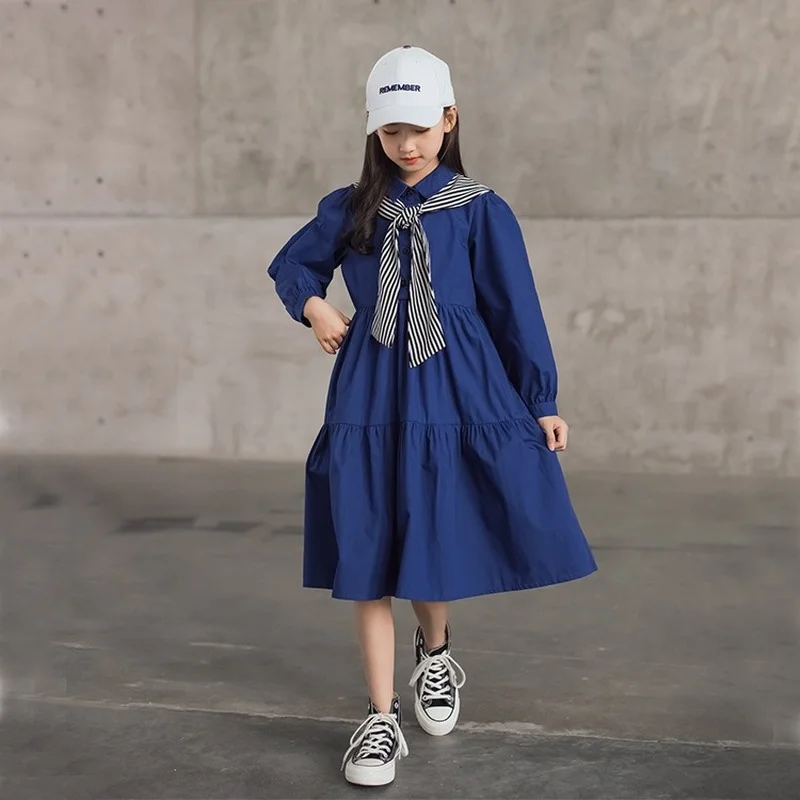 

6 To 16 Years Girls Shirt Midi Dress Teen Children Cotton Dress with Shawl 2021 New Baby Kids Clothes ruffles Buttons ,#6487